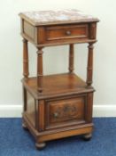 FRENCH WALNUT BEDSIDE TABLE, late 19th century, with red scagliola marble top, 84 (h) x 41cms (w)