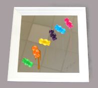 JAKE JOHNSON, CONTEMPORARY 'MELTING JELLY BABIES' FRAMED WALL MIRROR, 75cms² Provenance: private