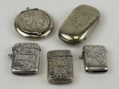 TWO SILVER VESTA CASES, two EPNS vesta cases, and a circular silver patch box, the hinged cover with