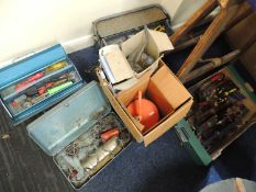 ASSORTED TOOLS including vintage pump oil can, chimney rods, toolboxes etc. Provenance: private