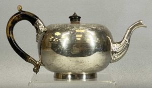 EDWARD VII GLOBULAR SILVER TEAPOT, with engraved decoration, ebonised handle and finial, London