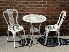 ALUMINIUM CIRCULAR BISTRO TABLE, painted white, 66 (h) x 60cms (diam.); and two chairs with