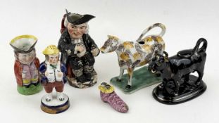 ASSORTED 19TH CENTURY STAFFORDSHIRE, including creamware cow creamer with spongeware decoration,