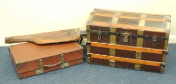 VINTAGE WOODEN BOUND DOME TOP TRUNK, 75.5cms (w); together with a leather-bound suitcase, and a