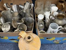 ASSORTED PEWTER & SILVER-PLATED TANKARDS, salt glazed flagon, mixed commemorative china, and