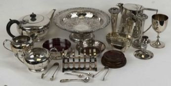 ASSORTED SILVER-PLATED ITEMS, including three-piece EPBM tea service, Sheffield plated circular