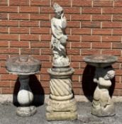 RECONSTITUTED STONE GARDEN DECORATIONS, including cherub two-piece fountain, 60cms (h); maiden on