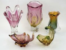 FIVE PIECES OF STUDIO GLASSWARE, comprising Chřibská vase by Josef Hospodka, pink, yellow, and