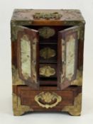 CHINESE BRASS MOUNTED HARDWOOD JEWELLERY CABINET, inset with pierced and carved jadeite panels, pair