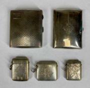 TWO RECTANGULAR SILVER CIGARETTE CASES, Birmingham 1909 and 1930; and three silver vesta cases, 8ozt