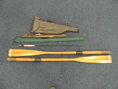 PAIR OF OARS, vintage fishing rods, and a leg of mutton gun case Provenance: private collection