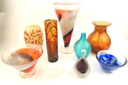 NUMBER OF DECORATIVE STUDIO GLASS VASES & BOWLS, including Kosta Boda vase, 17cms (h); Kosta Boda