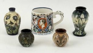 TWO MOORCROFT MINIATURE VASES, 9.5 and 10cms (h); two Caverswall miniature vases, 5cms (h); and a