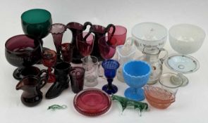 ASSORTMENT OF GLASSWARE, 18th century and later, including two white opaline glass footed bowls with