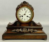 VICTORIAN WALNUT & EBONISED MANTEL CLOCK, case with applied carved decoration, circular white enamel