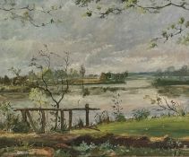 BERNHARD HERGARDEN (German, 1880-1966) oil on board - extensive riverscape, signed and dated 1943