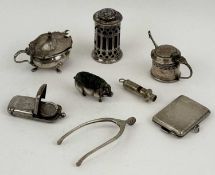 SILVER COLLECTABLES GROUP, comprising a pig pin cushion, 5.5cms (l); combination vesta sovereign