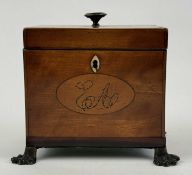 GEORGE III RECTANGULAR TEA CADDY, hinged cover with oval inlaid fan medallion and brass knob,