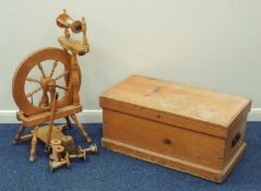 PINE BOX, 37 (h) x 81.5 (w) x 41cms (d); together with a modern beech spinning wheel, 87cms (h) (
