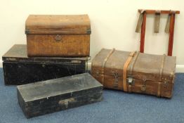 VINTAGE WOODEN BOUND TRUNK, two tin trunks, a carpenter's wooden box, and a butler's stand (5)