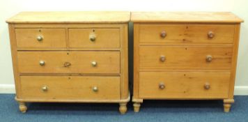VICTORIAN PINE CHEST OF DRAWERS with brass knobs, 87.5 (h) x 106 (w) x 47cms (d); together with a