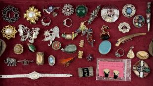 ASSORTED COSTUME JEWELLERY, including an oval Ruskin turquoise ceramic brooch in white metal