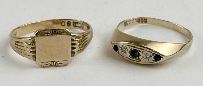 9CT GOLD DIAMOND & SAPPHIRE FIVE-STONE RING, size M, 1.4g; together with a 9ct gold signet ring,