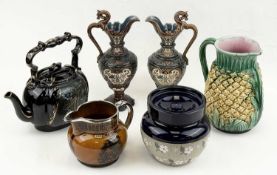 ASSORTED CERAMICS, including Victorian Majolica pineapple pitcher, 21cms (h); Spiers & Ford advert