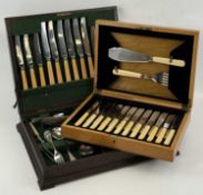 OAK CASED SET OF TWELVE FISH KNIVES & FORKS with servers, and an oak cased canteen of cutlery