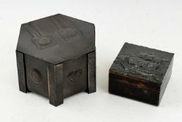 ART NOUVEAU HEXAGONAL COPPER BOX, embossed with stylised motifs, 10 (h) x 17cms (w); and a