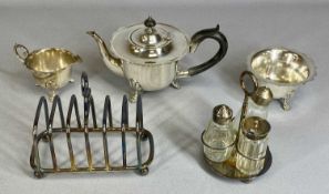 ASSORTMENT OF PLATED ITEMS, including three-piece circular tea set, oval tea tray, six-division