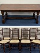 QUALITY REPRODUCTION OAK DINING ROOM SUITE, comprising plank top refectory table, in 18th century