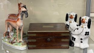 PAIR OF VICTORIAN STAFFORDSHIRE LURCHERS, 28cms (h); also a pair of Arthur Wood pottery spaniels,