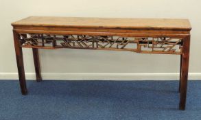 KOREAN ELM ALTAR TABLE, well patinated top over a fret work frieze, 87 (h) x 187 (l) x 43cms (d)