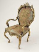 19TH CENTURY GILT BRASS FRAMED LOUIS XV STYLE DOLL'S HOUSE SALON CHAIR, with silk upholstered seat