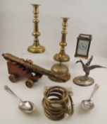 BRASS CARRIAGE TIMEPIECE, together with a brass reception bell, silver topped Malacca cane,