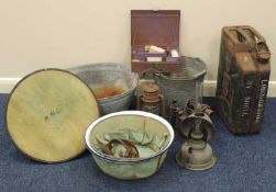 W. HULME LEVER ESQ. PERSONAL CAMPAIGN ENAMELLED WASH BOWL, with canvas lining and cover,