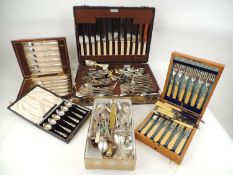 ASSORTED PLATED CUTLERY, including oak cased canteen of six fish knives and forks, mahogany cased