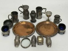 ASSORTED METALWARE, including 19th century pewter measures, salts, three plated owl pepperettes,