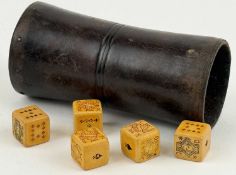 EARLY 19TH CENTURY LEATHER DICE SHAKER of waisted cylindrical form, with stitched seam, 10cms (h)
