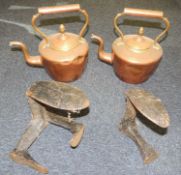 TWO VICTORIAN COPPER KETTLES, and two cast iron shoe lasts Provenance: private collection Gwynedd