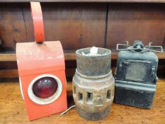 ANTIQUE VINTAGE LAMPS, comprising carriage wheel hub converted to a table lamp, 24cms (h); Hyde