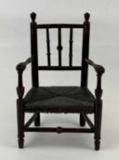 19TH CENTURY APPRENTICE PIECE / DOLL'S CHAIR, walnut framed with spindle back, open arms, rush seat,