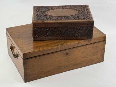 VICTORIAN OAK BOX with twin carrying handles, 29.5 (h) x 46 (w) x 17cms (d); together with an Indian
