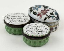 TWO BILSTON ENAMEL OVAL SNUFFBOXES, 18th century, inscriptions reading 'You are my friend, so near