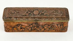 19TH CENTURY FRENCH COPPER RECTANGULAR TRINKET BOX, repoussé decoration of putti and scrolls, hinged