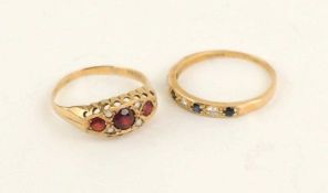 SAPPHIRE AND DIAMOND HALF ETERNITY RING, in 9ct gold, size T, 1.8g; also a garnet and diamond