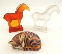 LALIQUE, FRANCE CHEVAUX, one amber, one clear and frosted, 9.5cms (h); together with a Royal Crown
