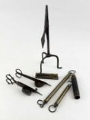 18TH CENTURY WROUGHT IRON RUSHNIP, 30cms (h); also two sets of steel wick scissors; spring pocket