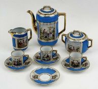 FRENCH PORCELAIN COFFEE SERVICE in turquoise, blue, and gilt, having panels decorated with classical